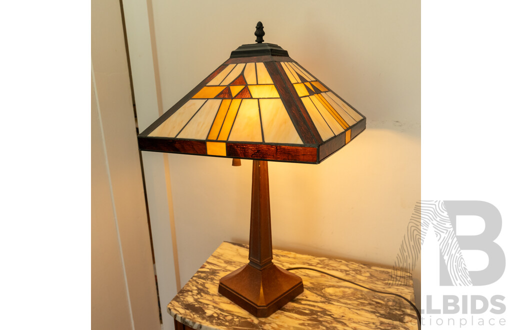 Pair of Good Reproduction Art Deco Table Lamps with Lead Light Shades