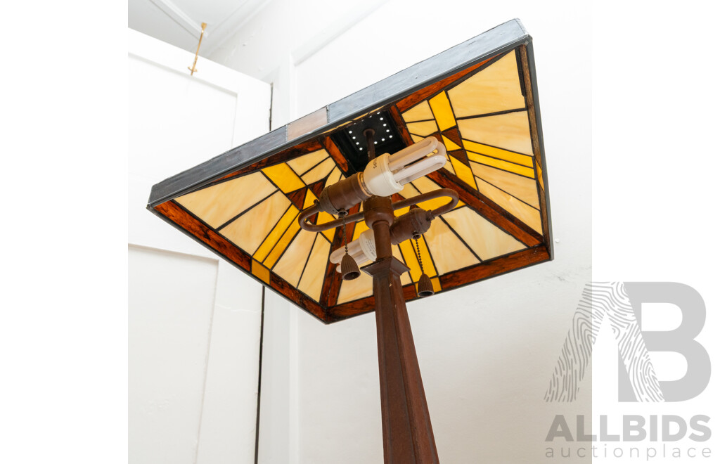 Pair of Good Reproduction Art Deco Table Lamps with Lead Light Shades