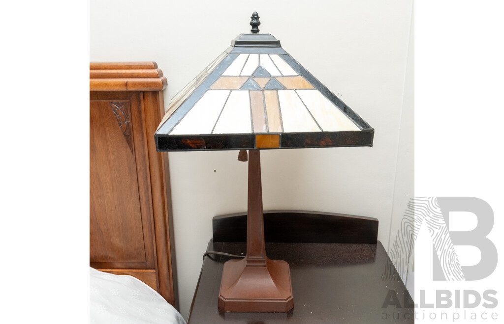 Pair of Good Reproduction Art Deco Table Lamps with Lead Light Shades