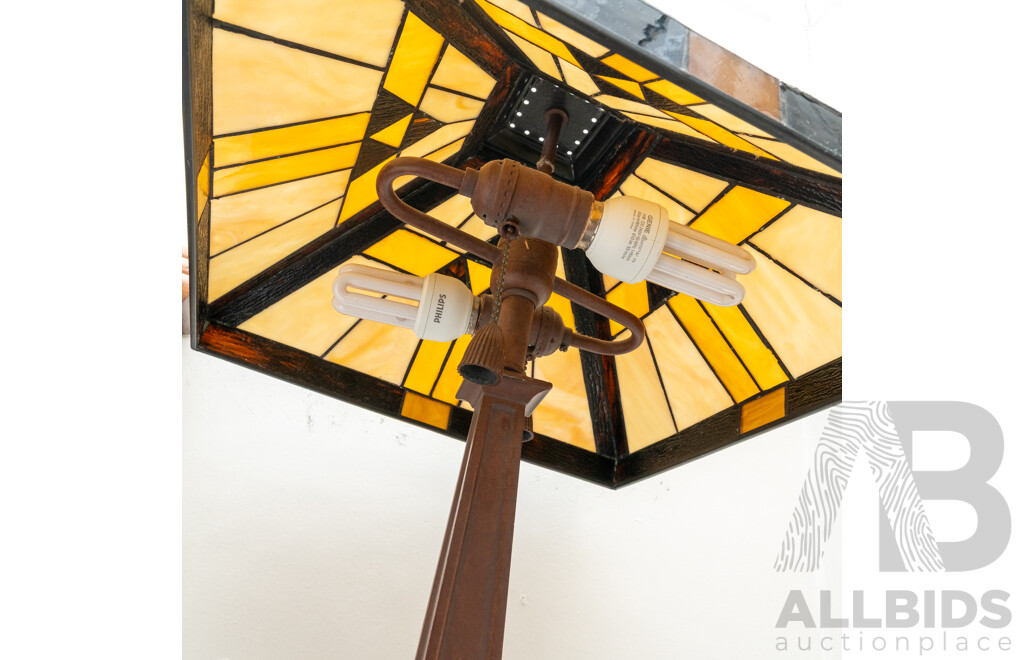 Pair of Good Reproduction Art Deco Table Lamps with Lead Light Shades