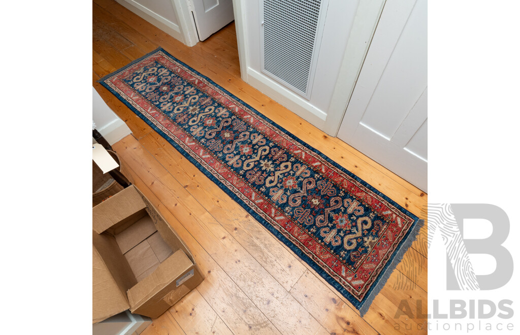 Vintage Afghan Hand Woven Caucasian Runner in Blue and Red Tones