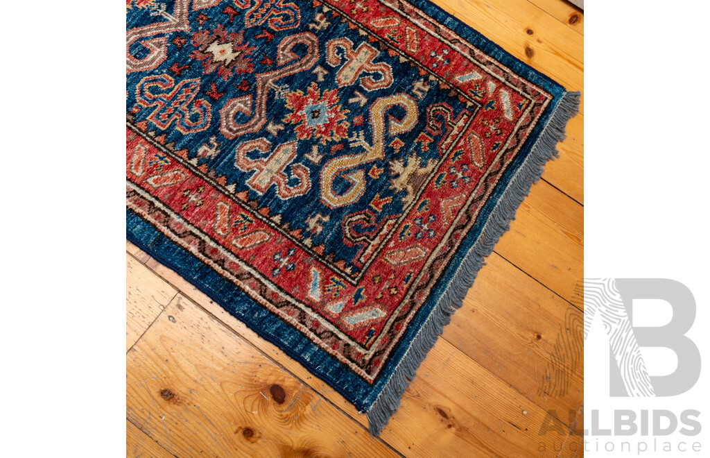Vintage Afghan Hand Woven Caucasian Runner in Blue and Red Tones