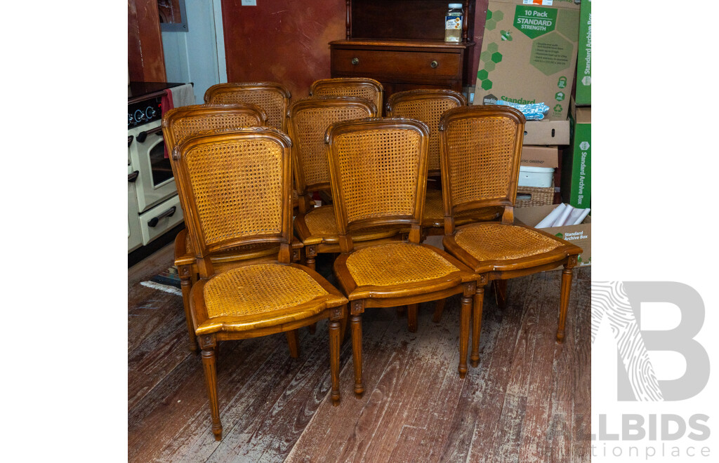 Set of Eight French Elm Rattan Back Dining Chairs