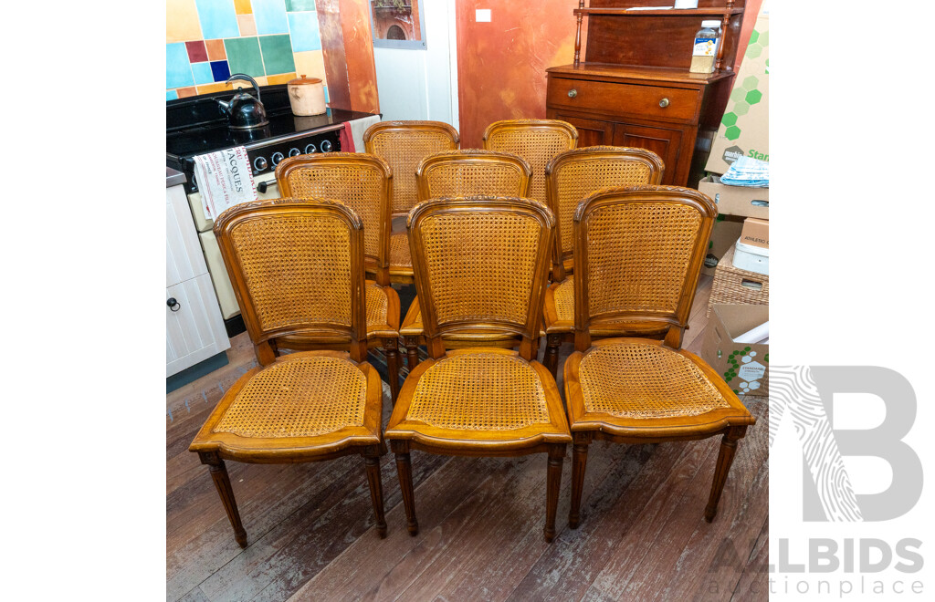 Set of Eight French Elm Rattan Back Dining Chairs