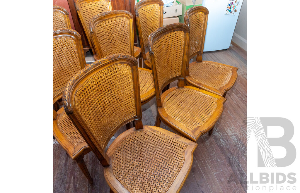 Set of Eight French Elm Rattan Back Dining Chairs