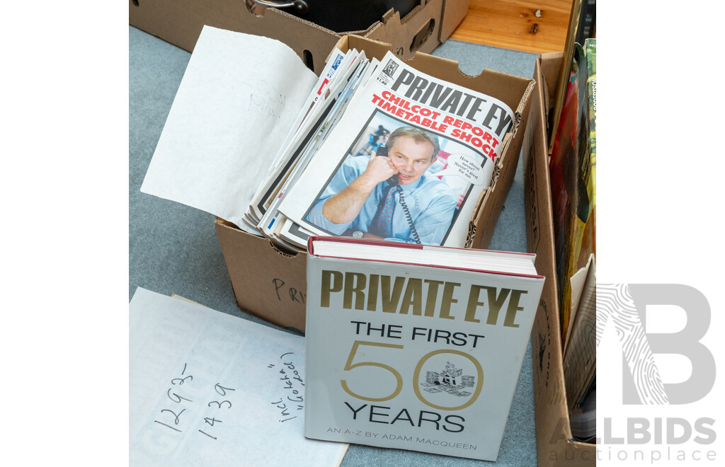 Large Collection of Private Eye Magazines and 'Private Eye - the First 50 Years' by Adam Macqueen