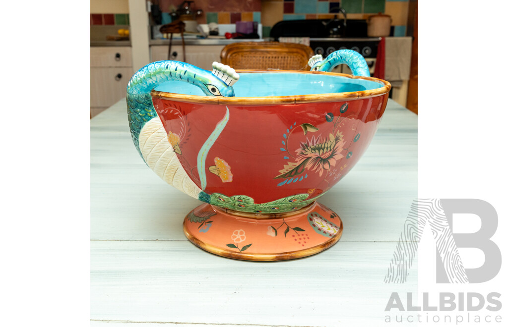 Large Ceramic Peacock Themed Glazed Jardinier by Tracy Porter