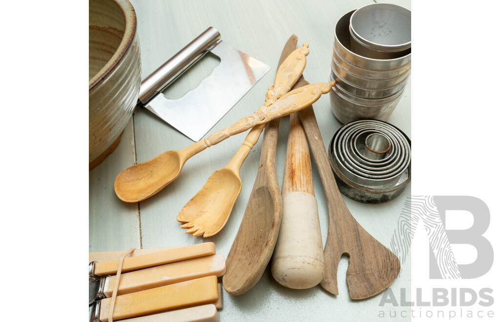 Collection of Vintage Kitchen Utensils Inc Motor and Pestle, Italian Cookie Cutters and More