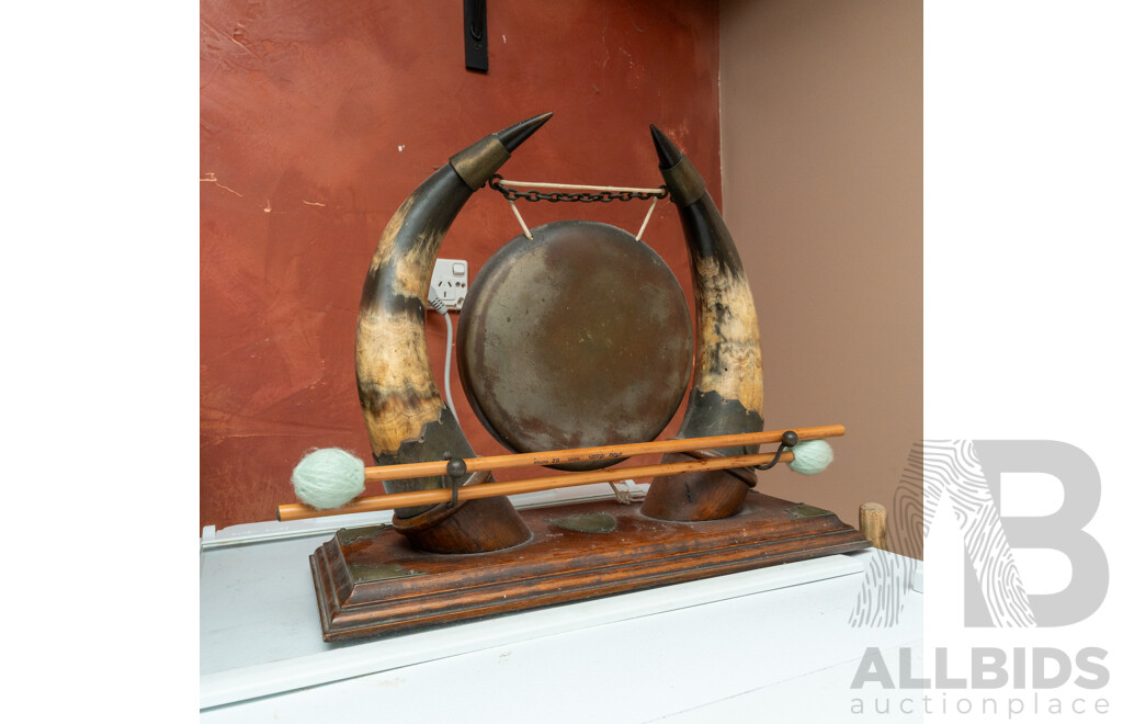Vintage Mounted Metal Gong on Two Horns