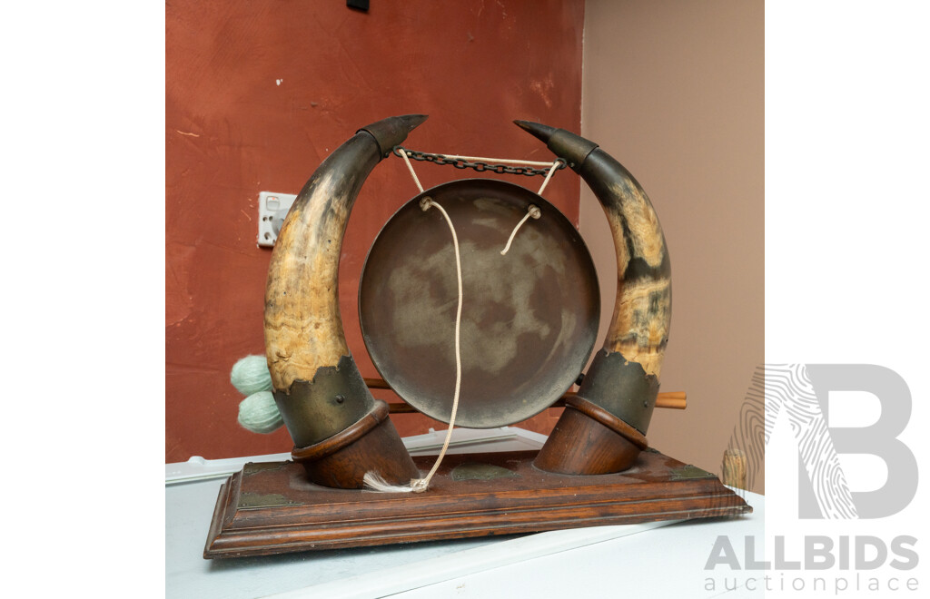 Vintage Mounted Metal Gong on Two Horns