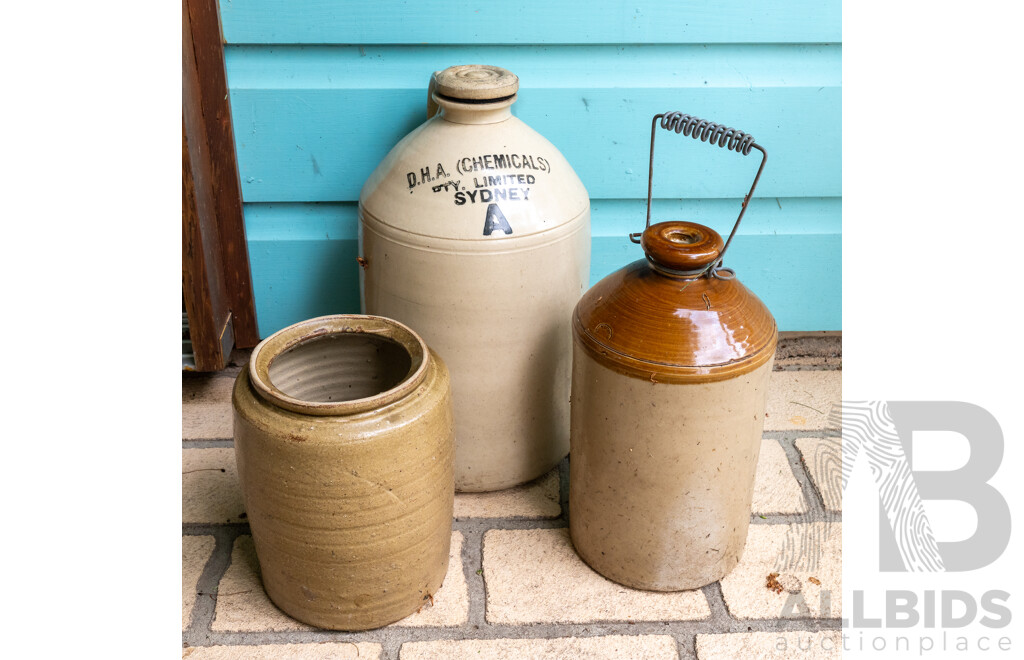 Pair of Vintage Lidded Glazed Demijons with Salt Glaze Vessle