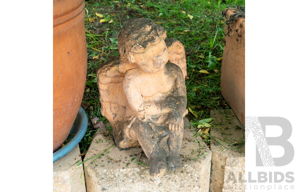 Pair of Large Terracotta Planters and Garden Putti Statue