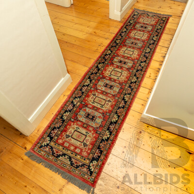 Vintage Kazak Hall Runner in Red and Blue Tones