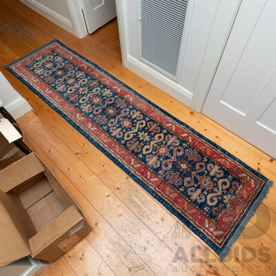 Vintage Afghan Hand Woven Caucasian Runner in Blue and Red Tones