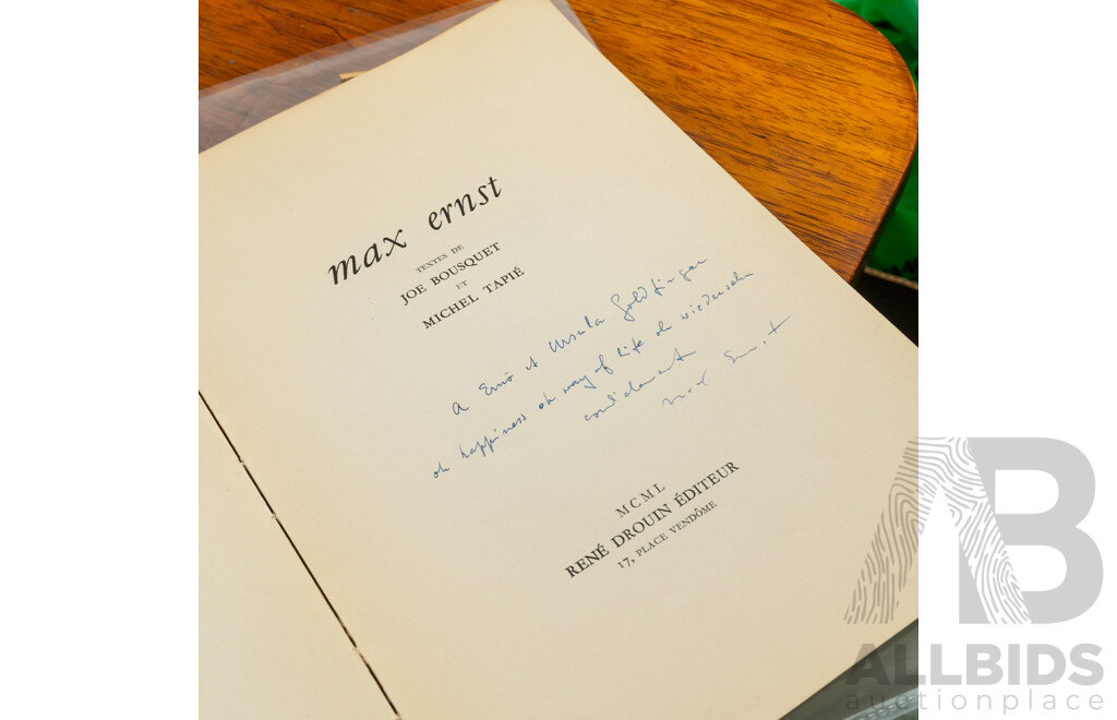 Max Ernst, (20th Century, German-Born French, 1891-1976), 1950, Original Book with Drawings by Ernst and French Text by Bousquet & French Commentary (on Drawings) by Tapie, Signed and Inscribed by Ernst, Soft Cover Book, 27 x 19 cm