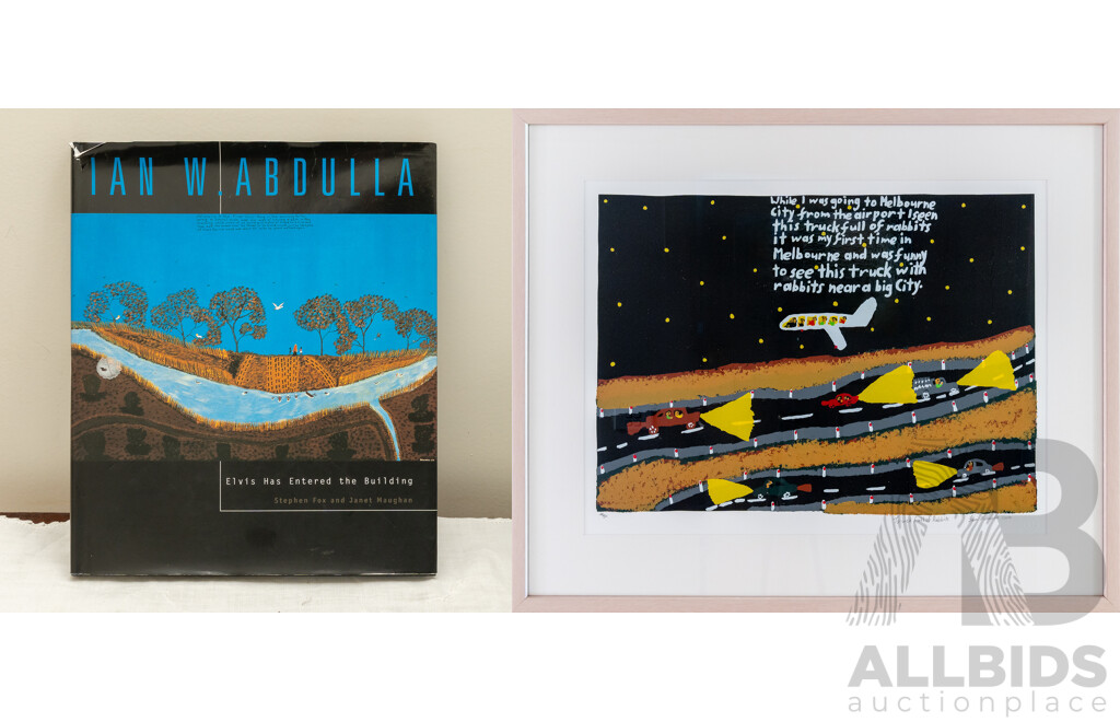 Ian W. Abdulla, (20th Century, Indigenous-Australian, 1947-2011), Truck Full of Rabbits, Wonderful Original Limited Editioned & Signed Lithograph, 69 x 83 cm (frame) with Abdulla Book (2)