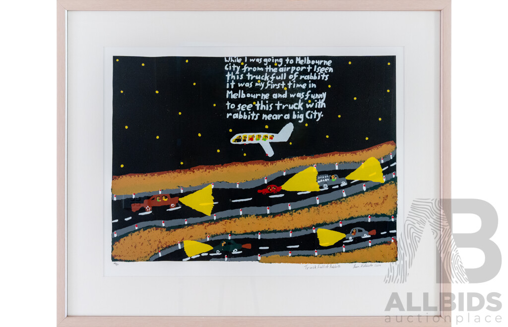Ian W. Abdulla, (20th Century, Indigenous-Australian, 1947-2011), Truck Full of Rabbits, Wonderful Original Limited Editioned & Signed Lithograph, 69 x 83 cm (frame) with Abdulla Book (2)