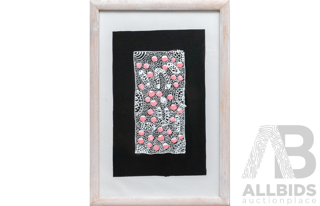Eileen Bird Kngwarreye (or Nungarai), (20th Century, Indigenous-Australian, 1956-), Awelye [Women's Ceremony and Body Paint Designs] & Arlatyeye [Pencil Yam] Story, Acrylic on Canvas & Linen, 40 x 27 cm (frame)