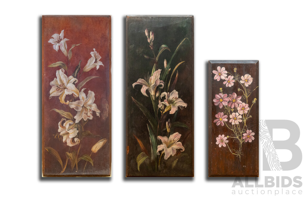 Artists Unknown (Early 20th Century), Lilies I and II & Purple Cosmos, Original Antique Oils on Wood Panels, 81 x 36 cm (approx largest pair) (3)