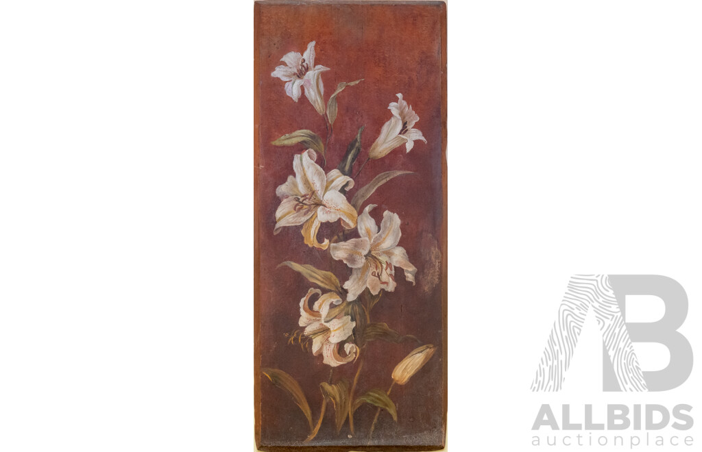 Artists Unknown (Early 20th Century), Lilies I and II & Purple Cosmos, Original Antique Oils on Wood Panels, 81 x 36 cm (approx largest pair) (3)