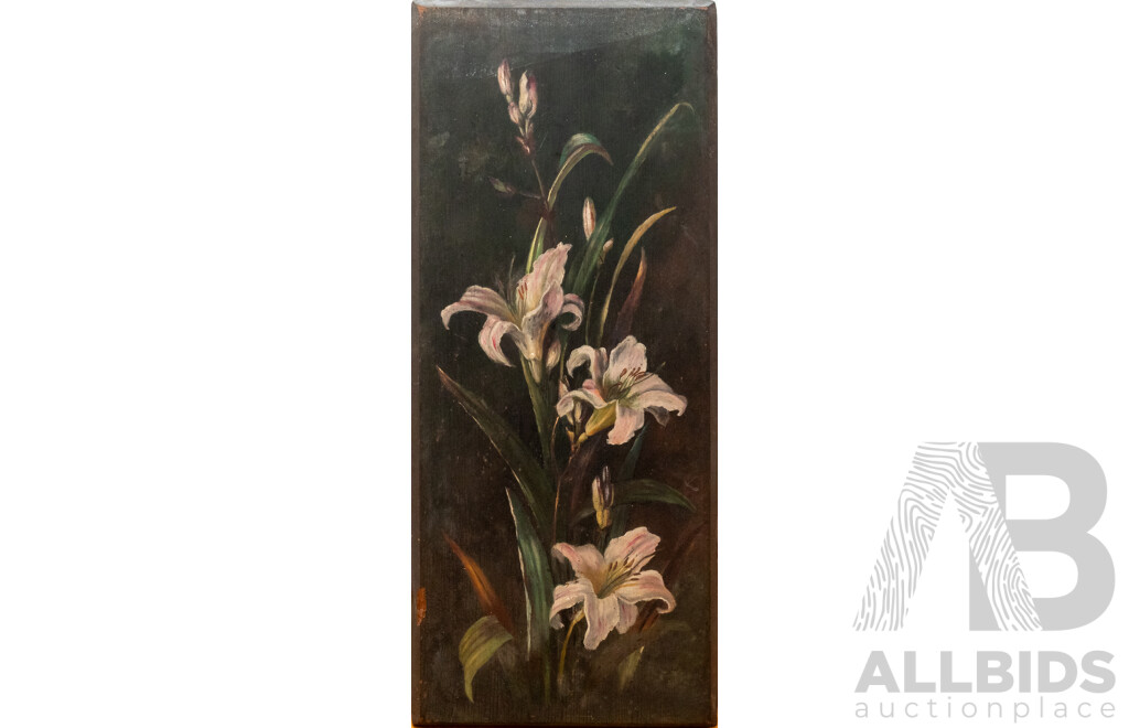 Artists Unknown (Early 20th Century), Lilies I and II & Purple Cosmos, Original Antique Oils on Wood Panels, 81 x 36 cm (approx largest pair) (3)