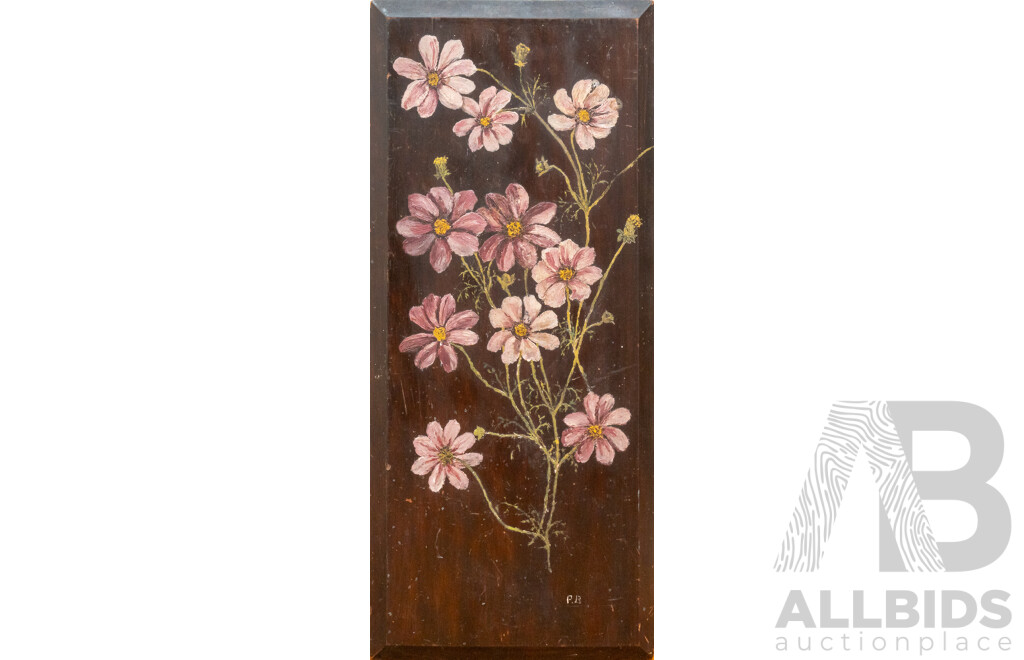 Artists Unknown (Early 20th Century), Lilies I and II & Purple Cosmos, Original Antique Oils on Wood Panels, 81 x 36 cm (approx largest pair) (3)