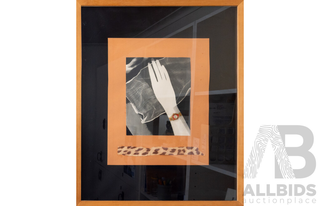 Sally Edwards, (20th Century, Australian), Man Ray Hand, Mixed Media Collage with Watch, 66 X 53 Cm (frame)