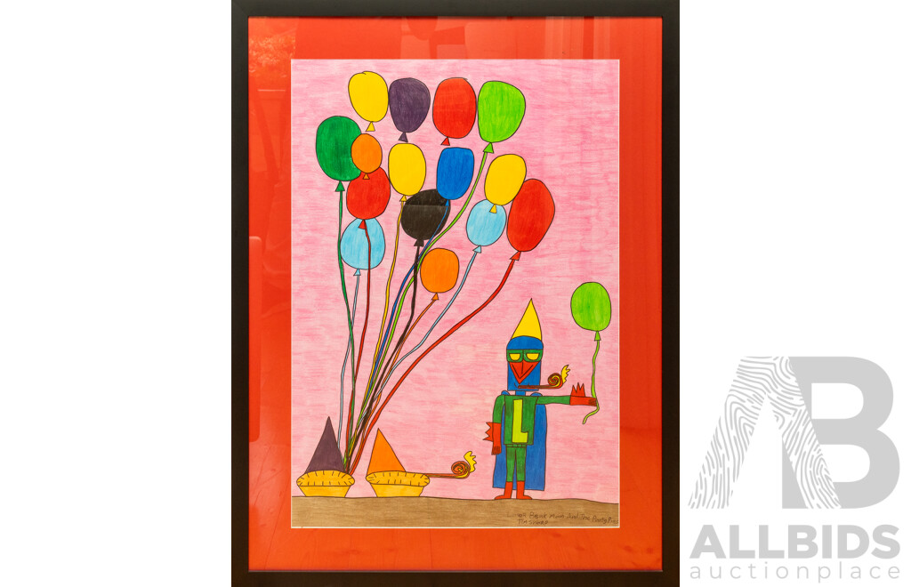 Tim Sharp, (20th Century, Australian, 1988-), Laser Beak Man & the Party Pies, Wonderful Original Coloured Pencil & Pen, 103 x 79 cm (frame)