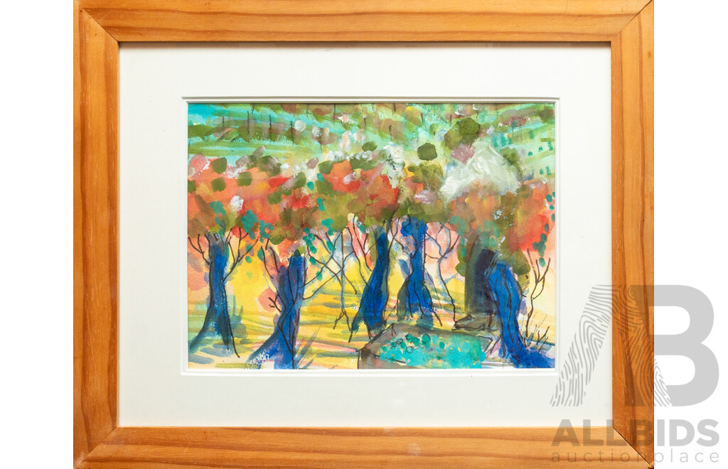 Val Crankshaw (20th Century, Australian, 1925-2016), Fire Trees - Abstract Landscape, Wonderful Original Watercolour, 35 x 43 cm (frame)