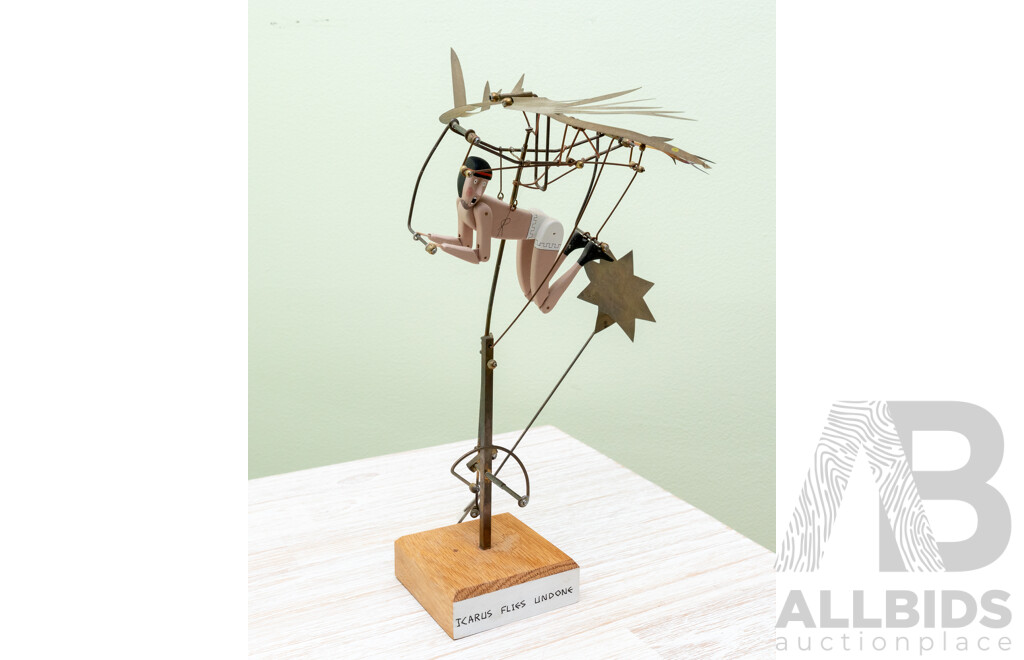 Keith Newstead (20th Century, British, 1956-2020), Icarus Flies Undone, Absolutely Wonderful Unique Pressed Metal & Wood Artwork, 28 cm (approx Height)