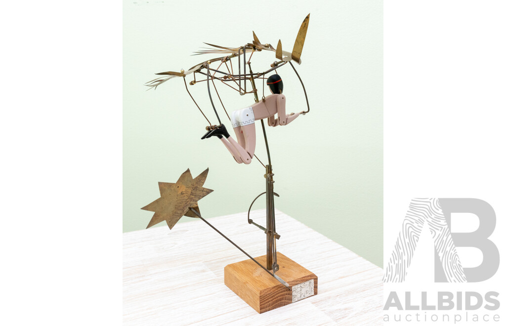 Keith Newstead (20th Century, British, 1956-2020), Icarus Flies Undone, Absolutely Wonderful Unique Pressed Metal & Wood Artwork, 28 cm (approx Height)