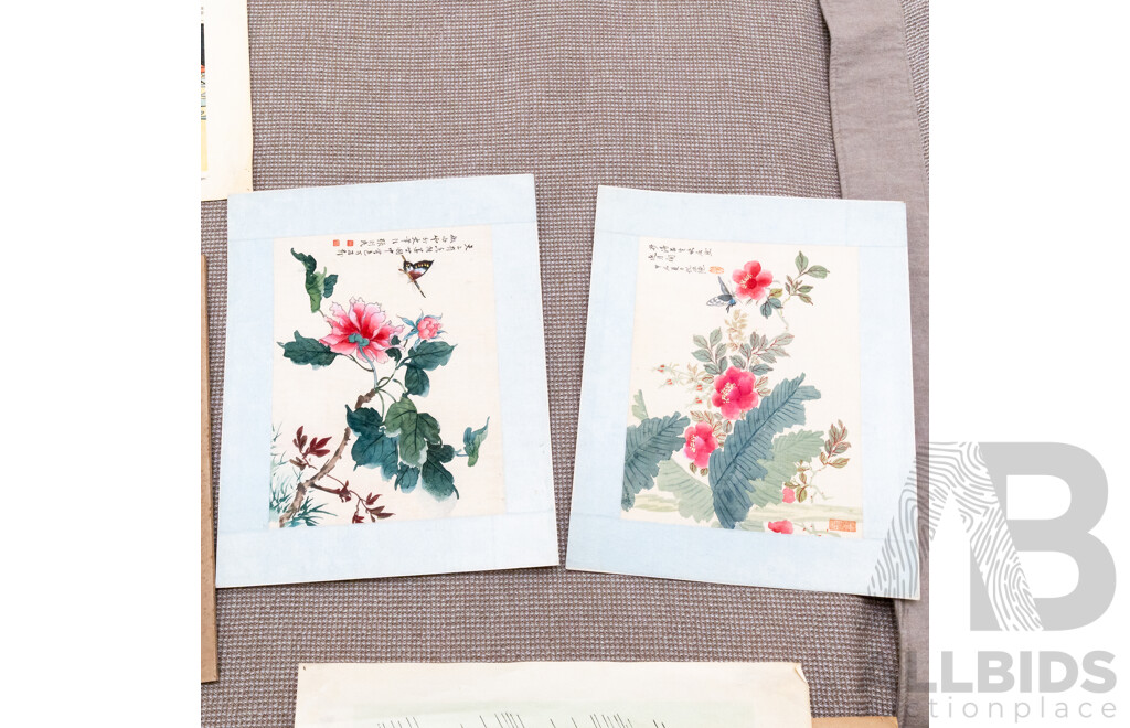 Varied Artists Unknown (Asian School), Collection of Eight Varied Asian Works Including Japanese Vintage Colour Prints & Ink and Wash on Silk Panels, 45 x 34 cm (largest) (8)