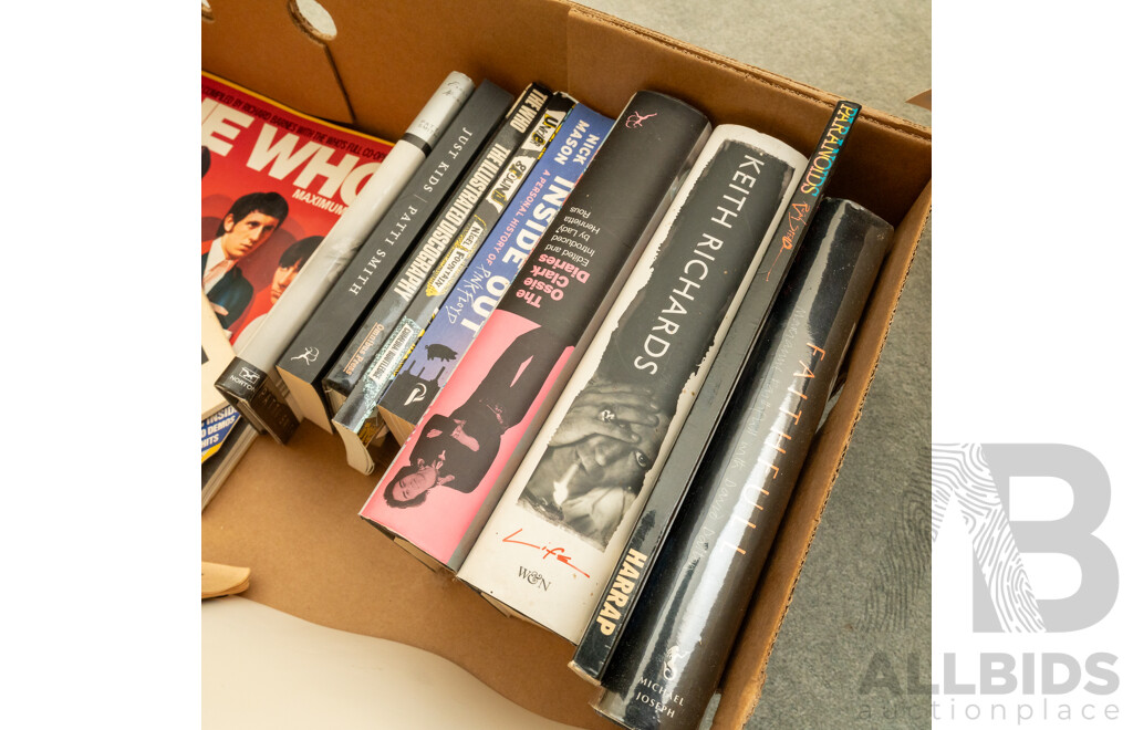 Collection of Approximately Twelve Varied Rock Music Books, Including Keith Richards, the Ossie Clark Diaries, Patti Smith & More
