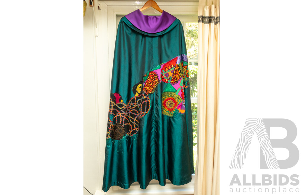 Spectacular One of a Kind Bespoke Green & Purple Reversible Mixed Media Cape, Approx Length 120 cm