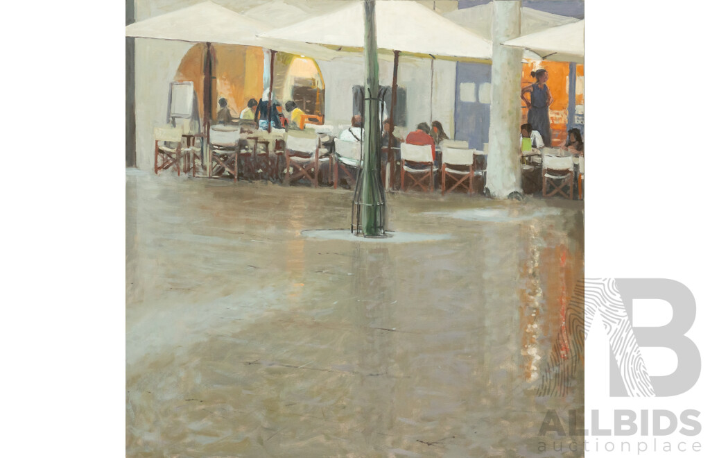 Oliver Bevan, (20th Century, British-Born French, 1941-) Cafe Terroir in La Place Aux Herbes Uzes, Wonderful Original Oil on Canvas, 120 x 120 cm