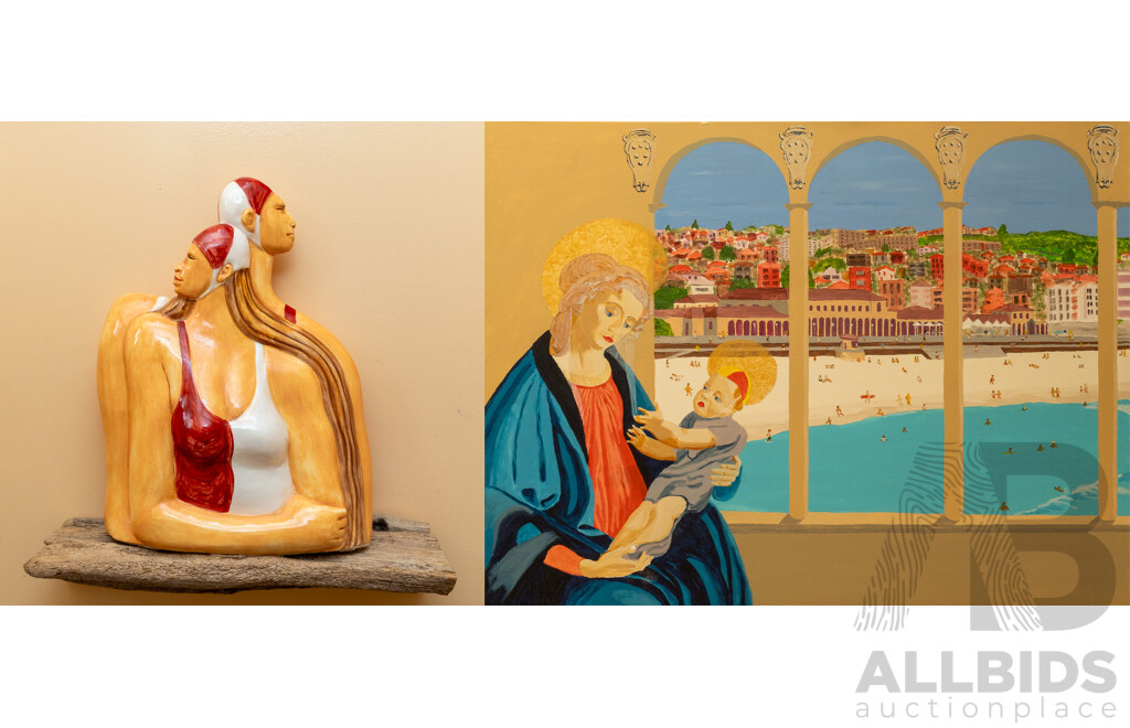 John Thomson Dalrymple Wood AO, (20th Century, Australian, 1944-2016), Bondi Jesus, Wonderful Original Oil on Canvas, 60 x 80 cm; Ceramic Lifesaver Statue 34 x 25 cm (2)