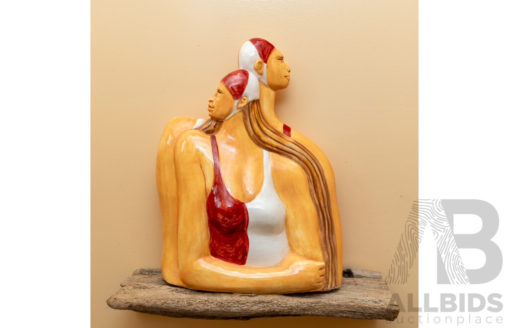 John Thomson Dalrymple Wood AO, (20th Century, Australian, 1944-2016), Bondi Jesus, Wonderful Original Oil on Canvas, 60 x 80 cm; Ceramic Lifesaver Statue 34 x 25 cm (2)