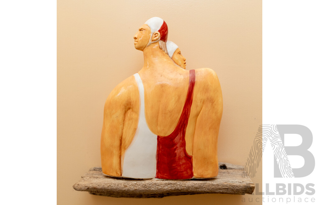 John Thomson Dalrymple Wood AO, (20th Century, Australian, 1944-2016), Bondi Jesus, Wonderful Original Oil on Canvas, 60 x 80 cm; Ceramic Lifesaver Statue 34 x 25 cm (2)