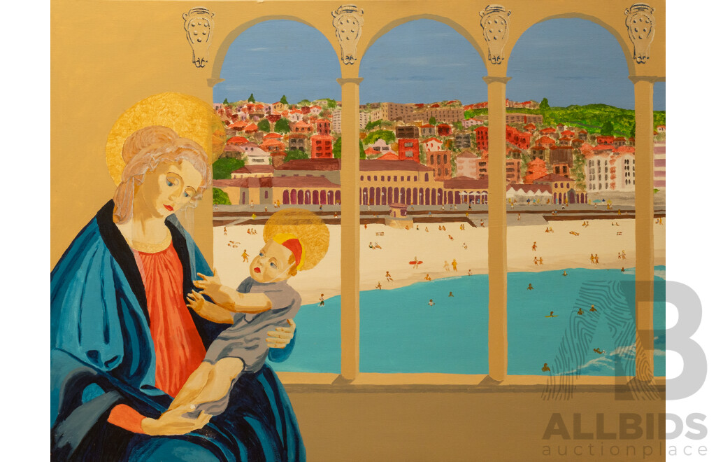 John Thomson Dalrymple Wood AO, (20th Century, Australian, 1944-2016), Bondi Jesus, Wonderful Original Oil on Canvas, 60 x 80 cm; Ceramic Lifesaver Statue 34 x 25 cm (2)