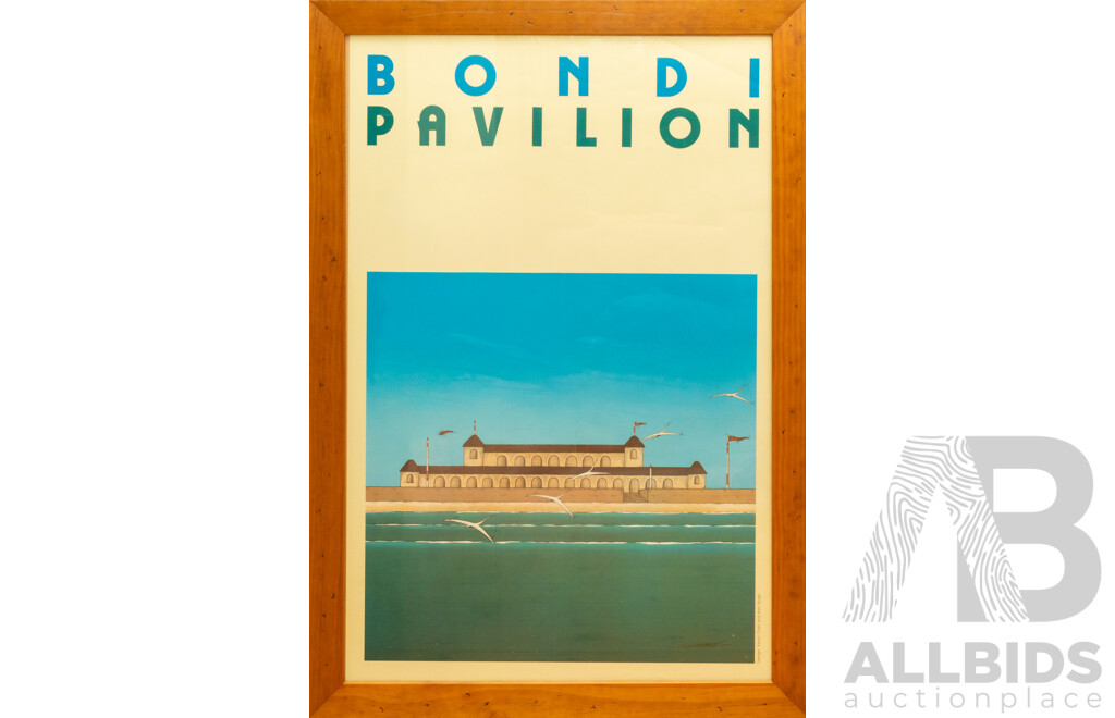 James Willebrant (20th Century, Australian), Bondi Pavillion (1980), Fantastic Original Colour Poster, 84 x 58 cm (frame) & Contemporary Cane Mirror, 91 x 61 cm (2)