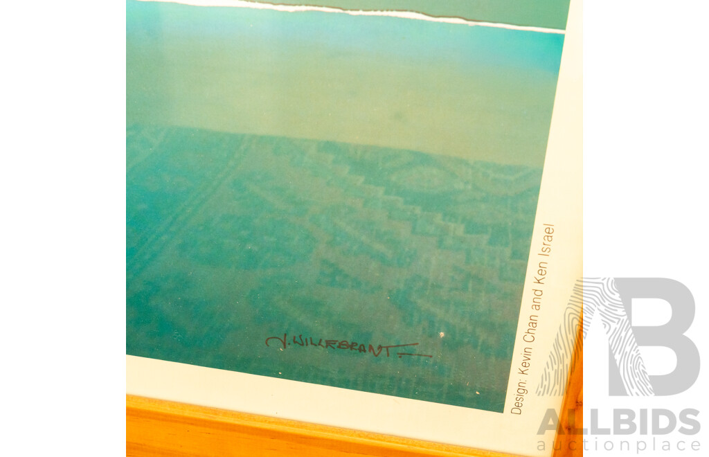 James Willebrant (20th Century, Australian), Bondi Pavillion (1980), Fantastic Original Colour Poster, 84 x 58 cm (frame) & Contemporary Cane Mirror, 91 x 61 cm (2)