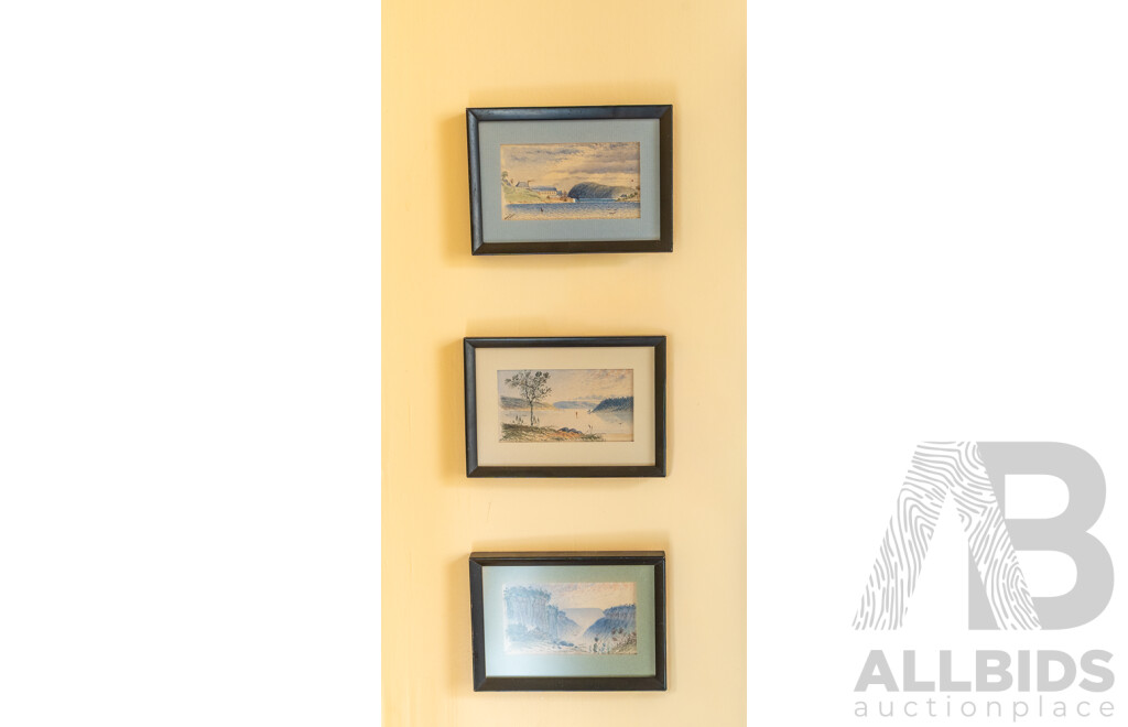 C. Wenn? (Date Unknown, Australian), Paramatta River, Dawes Point & Blue Mtns (c1877), Lovely Trio of Antique Watercolours, 12 x 17 cm (frames approx) (3)