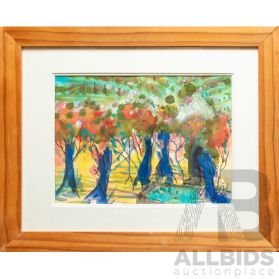Val Crankshaw (20th Century, Australian, 1925-2016), Fire Trees - Abstract Landscape, Wonderful Original Watercolour, 35 x 43 cm (frame)
