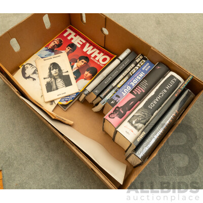 Collection of Approximately Twelve Varied Rock Music Books, Including Keith Richards, the Ossie Clark Diaries, Patti Smith & More