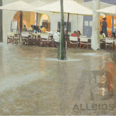 Oliver Bevan, (20th Century, British-Born French, 1941-) Cafe Terroir in La Place Aux Herbes Uzes, Wonderful Original Oil on Canvas, 120 x 120 cm