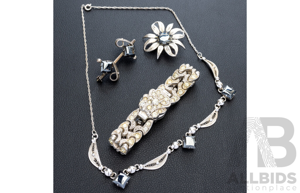 Sorrento Sterling Hematite Necklace, Bar Brooch & Floral Brooch, 20.09 Grams with Lucerne 17 Jewels Bracelet Watch