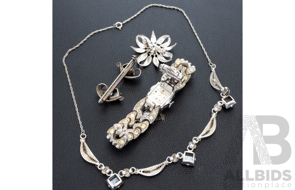 Sorrento Sterling Hematite Necklace, Bar Brooch & Floral Brooch, 20.09 Grams with Lucerne 17 Jewels Bracelet Watch