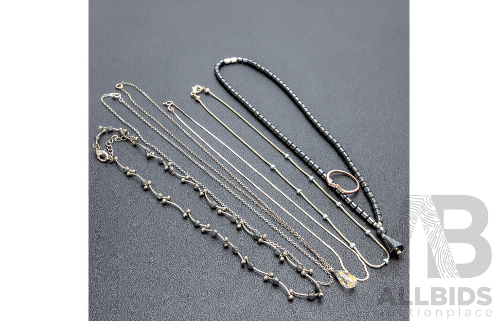 Collection of Sterling & Silver Tone Necklaces with Beaded Hematite Necklace, All 40cm Long