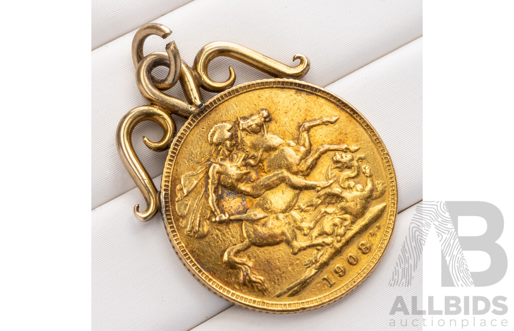 22ct 1908 King Edward VII Gold Sovereign (Perth) in 9ct Antique Pendant Mount, 9.04 Grams