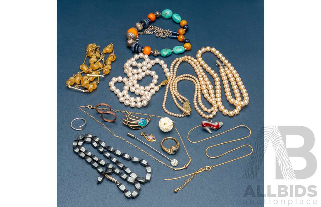 Collection of Vintage Jewellery Items Including Carved Ivory Pendant, Opal Triplets, Turquoise Amber Lapis Beaded Necklace
